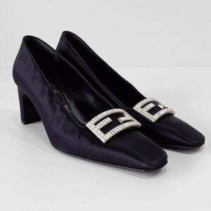 Fendi Black Satin Heels ICONIC Double F F Logo Crystal Bling EXCELLENT CONDITION